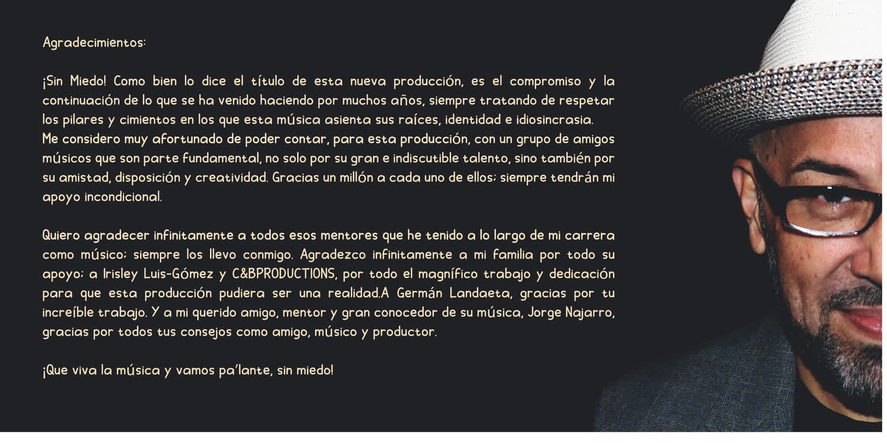 Agradecimientos de Manolo Mairena para el álbum Sin Miedo